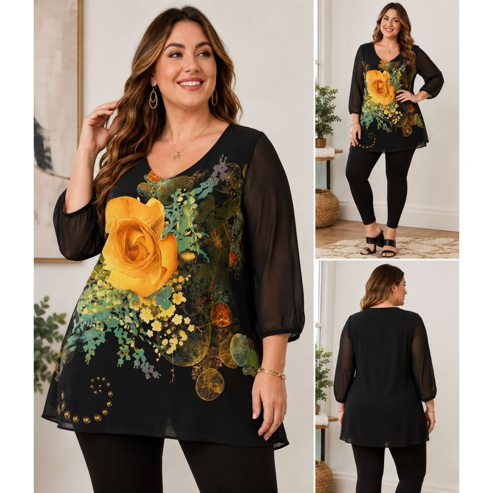 Jianruyi Rose Print Tunic Blouse Black Sheer Sleeve Stretch Boho Top Large